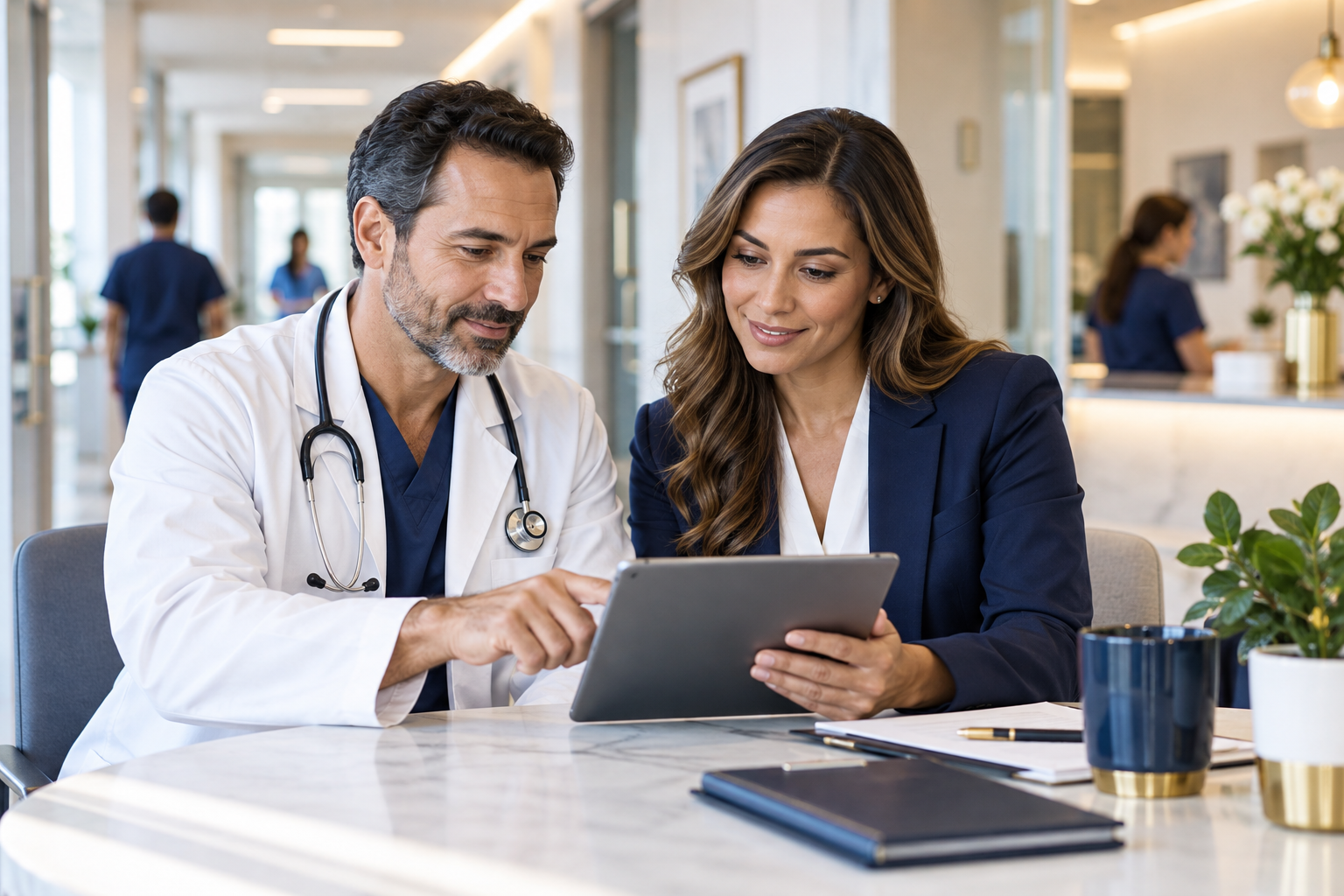 A physician and medical management specialist reviewing information together