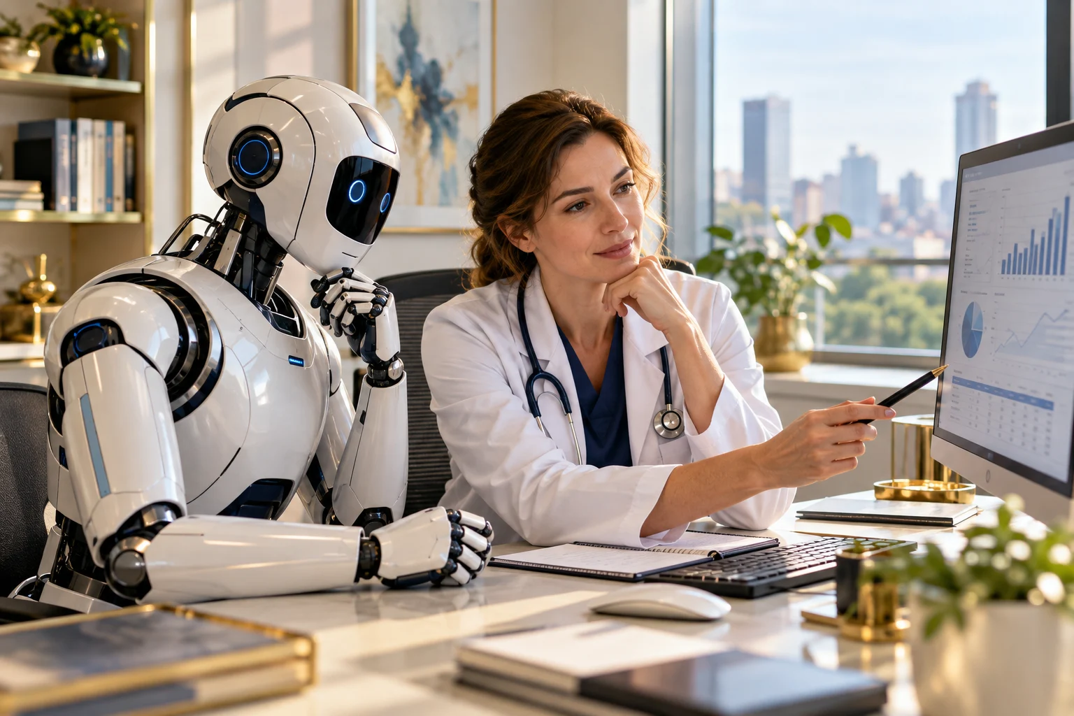 Conceptual AI-generated physician and assistant robot reviewing revenue analytics