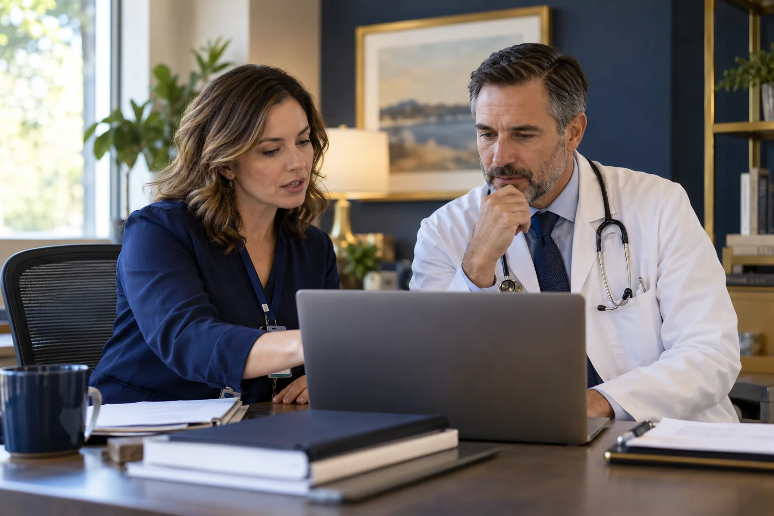 Medical coding auditor reviewing documentation with a physician