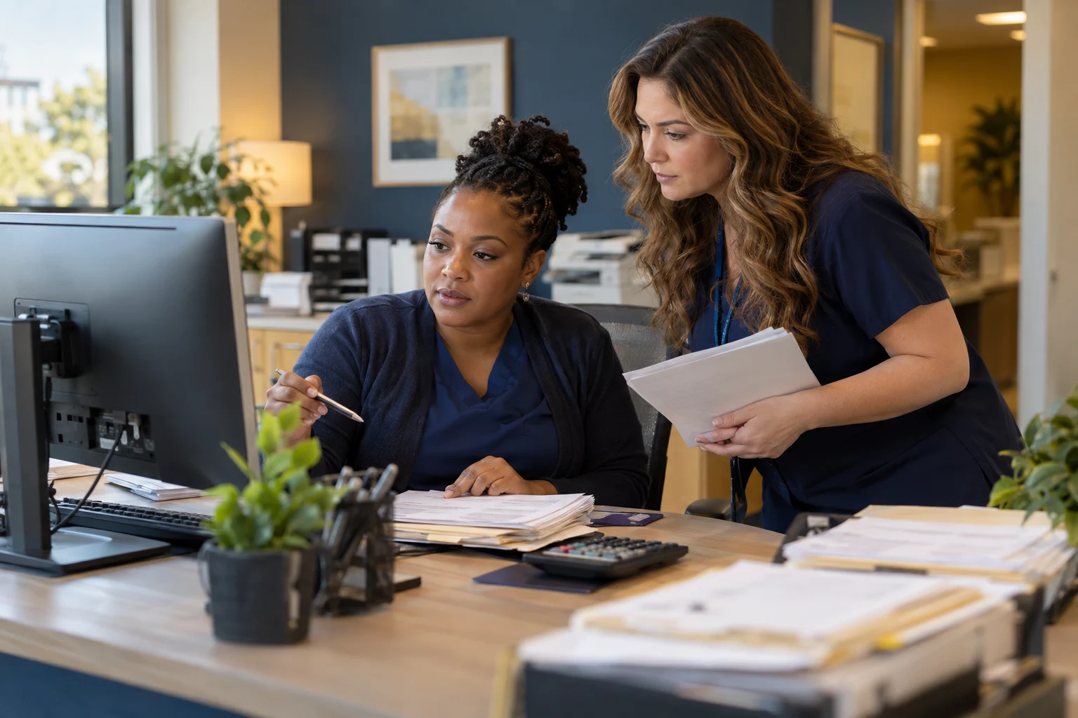 Medical billing specialist reviewing claims with a clinical colleague