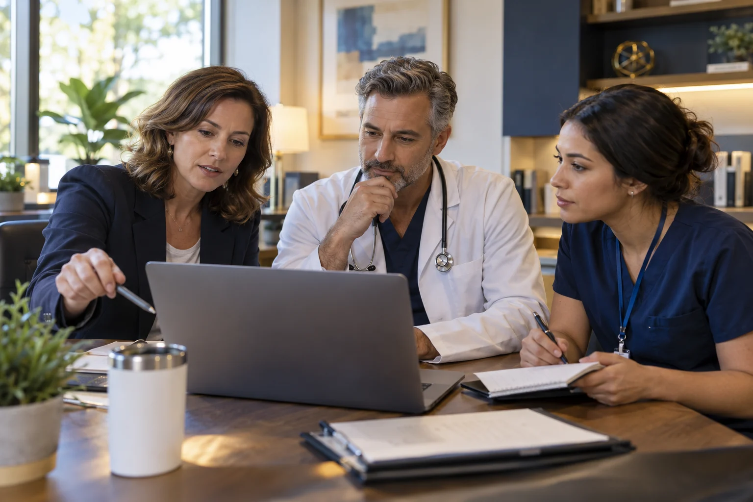 Practice operations manager collaborating with a physician and billing specialist