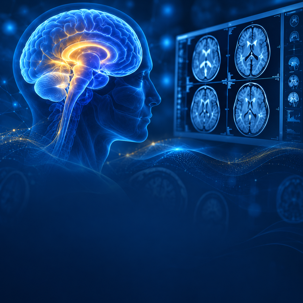 Blue brain visualization and radiology scan displays