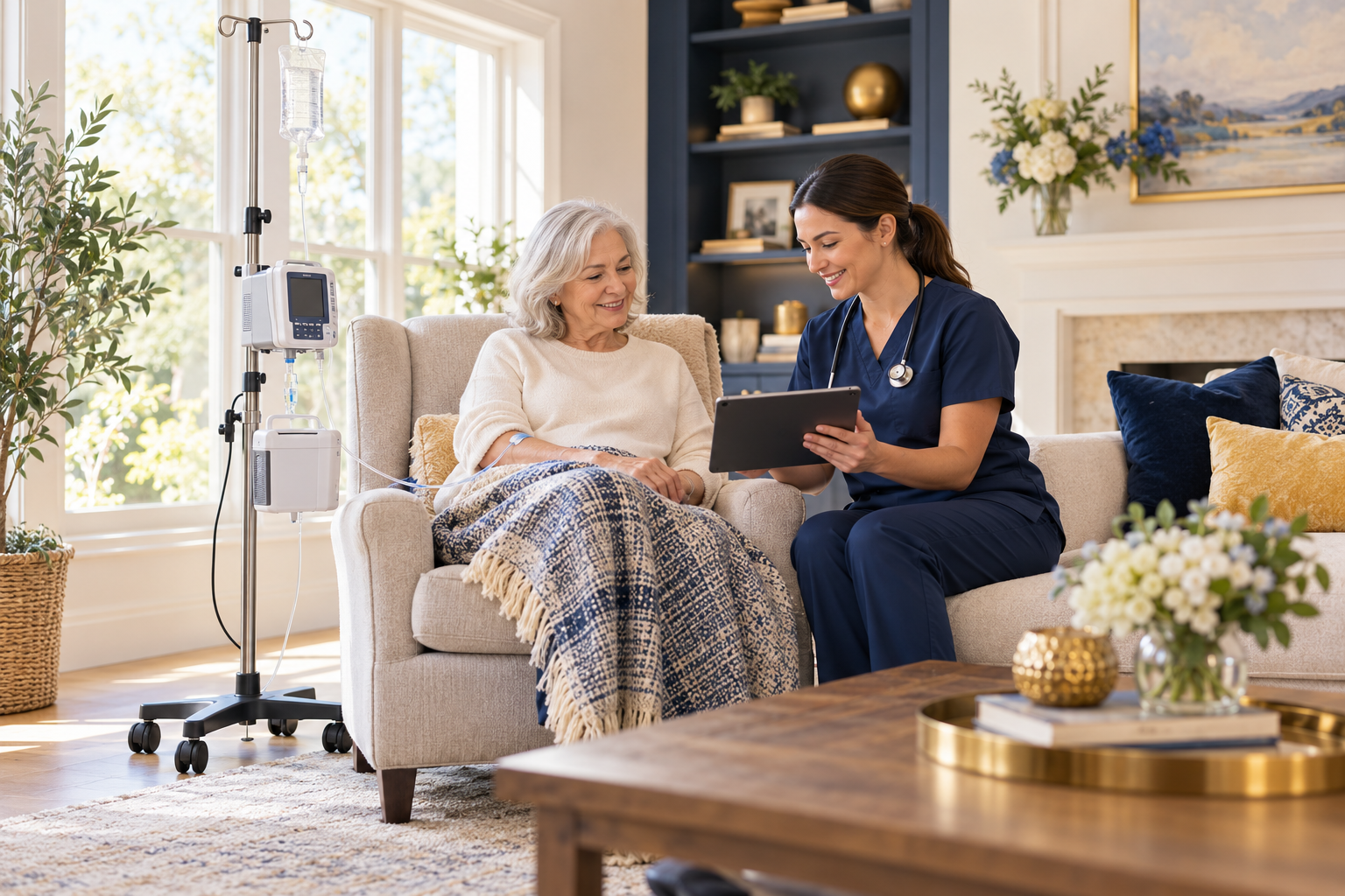 Home-health nurse supporting an older patient with infusion care at home