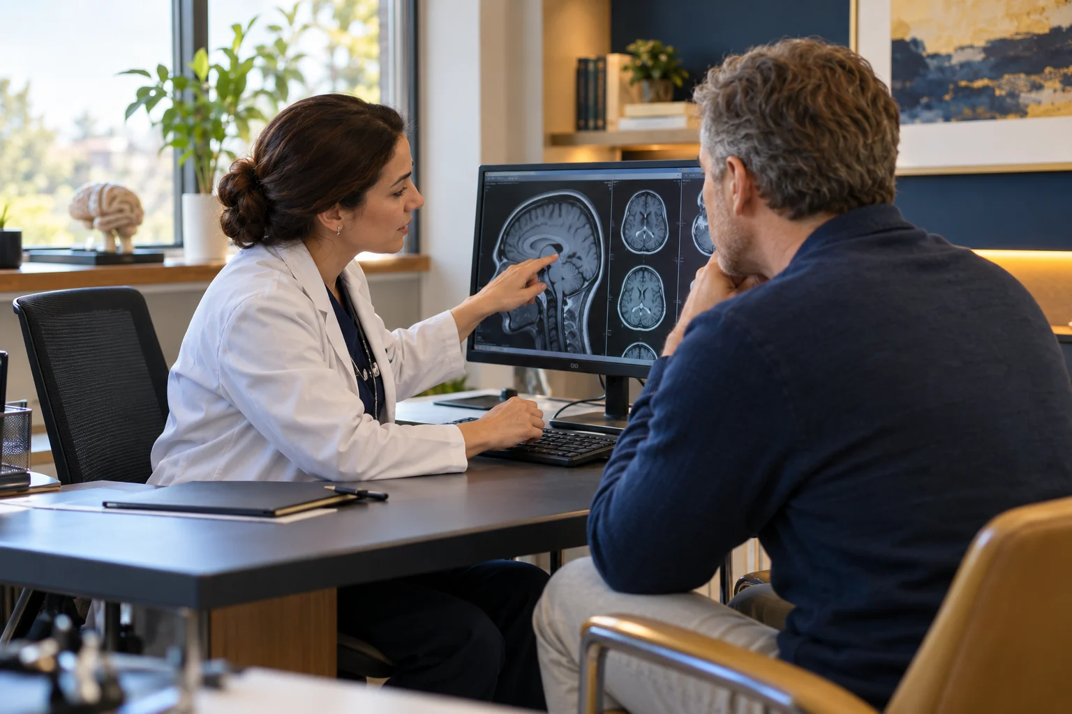 Neurologist discussing a brain scan with a patient