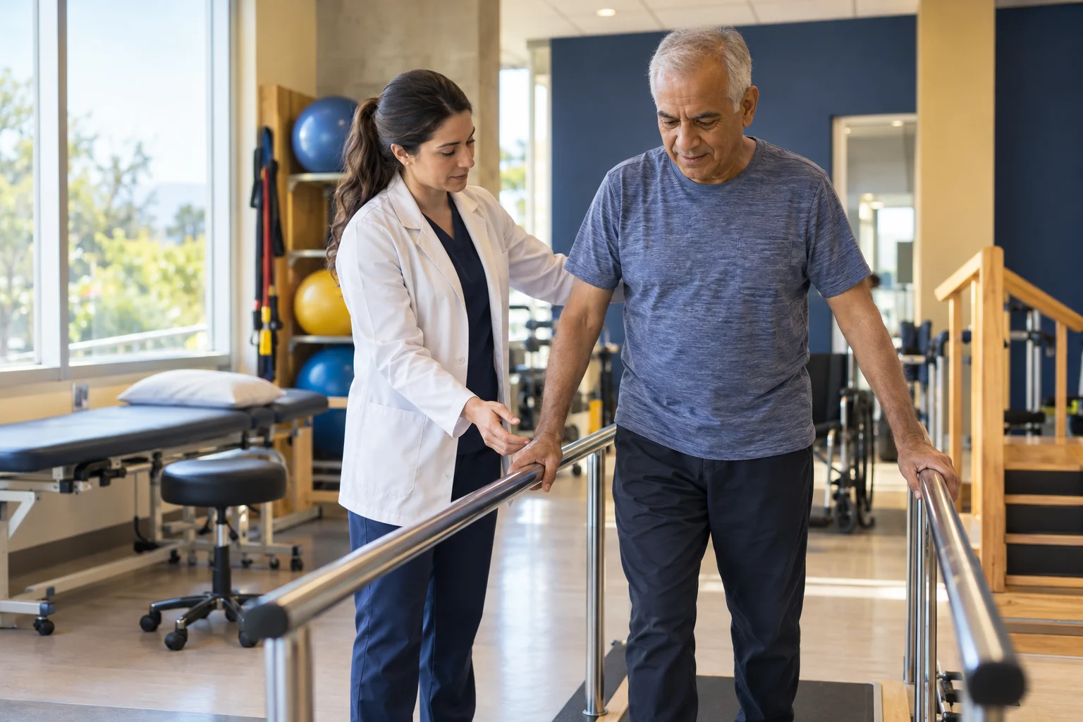 Rehabilitation physician guiding a mobility assessment