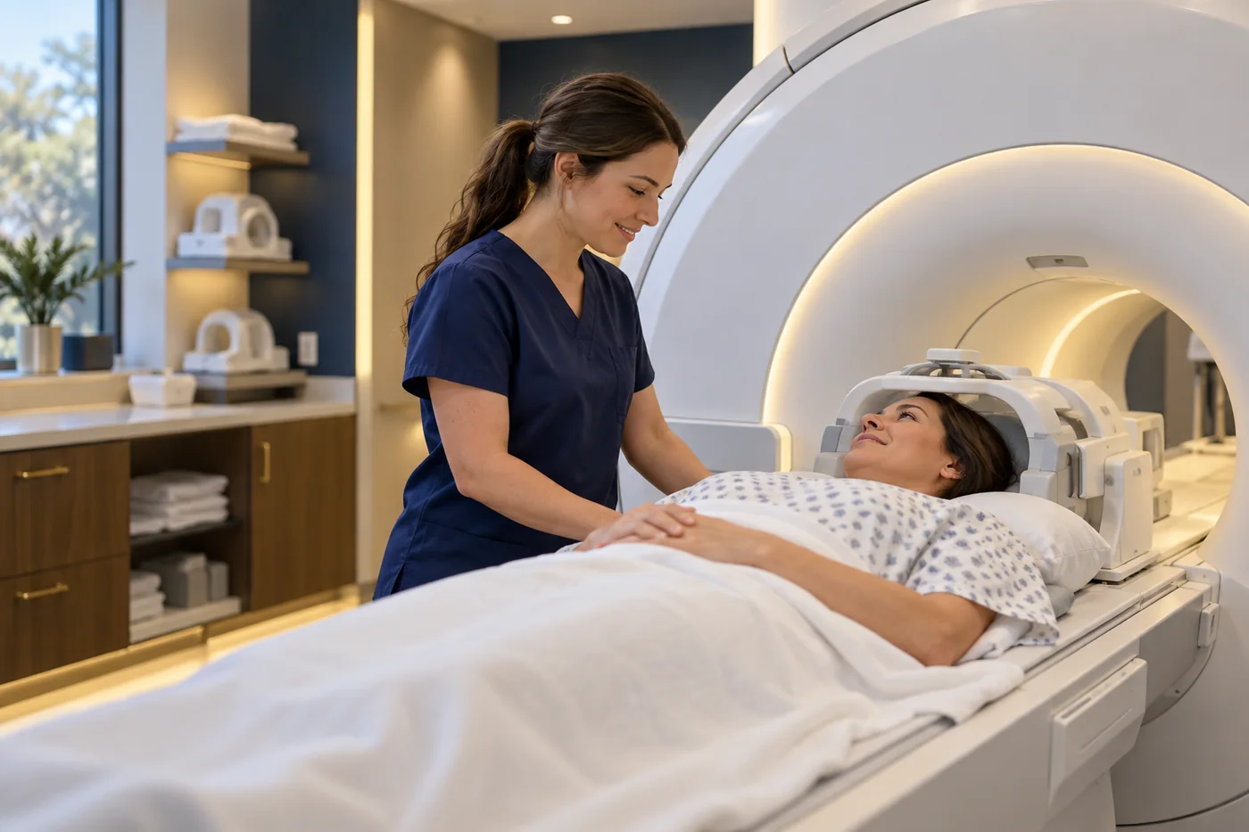 Radiology technologist assisting a patient at an MRI scanner