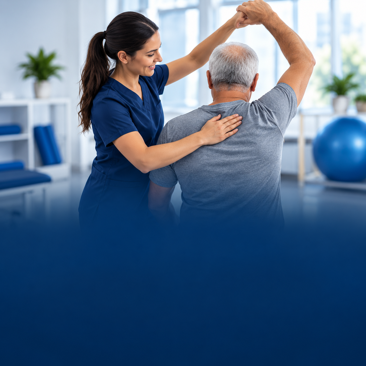 Physical therapist assisting an older patient with shoulder mobility